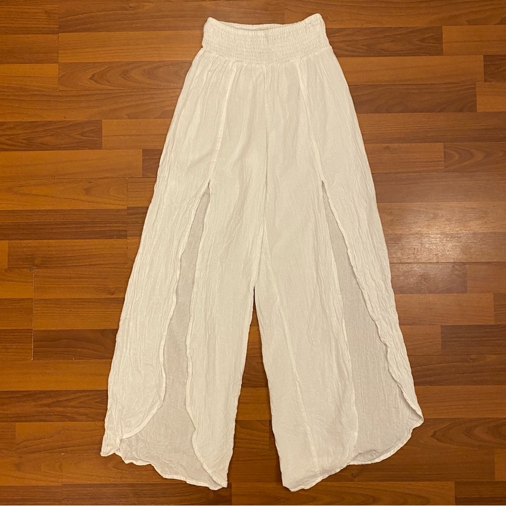 White High Waist Front Slit 100% Cotton Flare Beach Pant